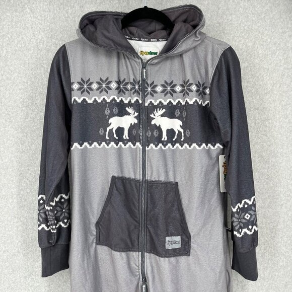 Tipsy Elves Moose Jumpsuit Size M Black Gray One Piece Lounger Zip Up Hood NEW - Picture 2 of 15